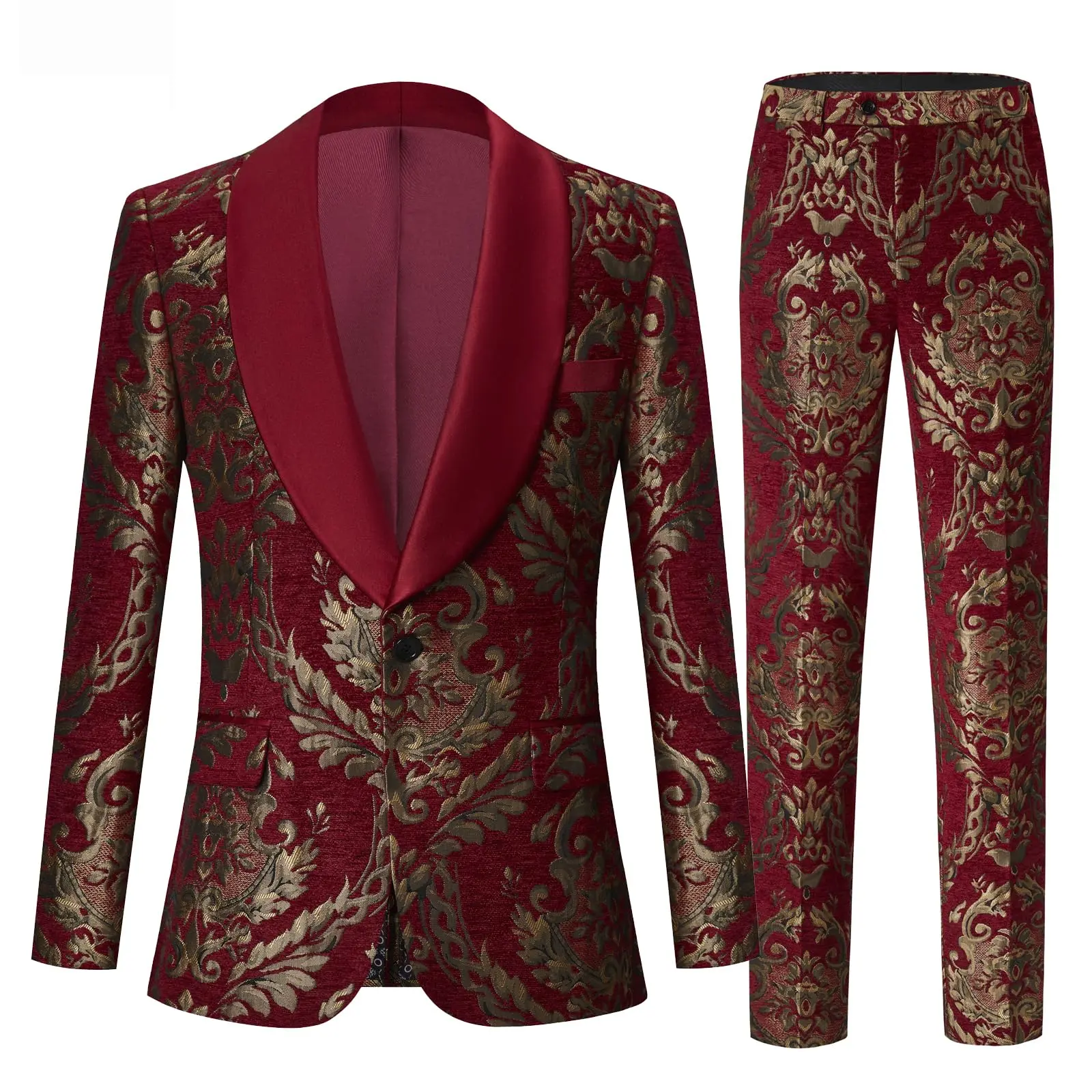 Men's Red & Gold 2-Piece Tuxedo, Slim-Fit Jacquard Formal Wear Suit with Shawl Lapel, Long Sleeve for Weddings & Parties, Longsleeves, Party, Jacquard Fabric, Menswear, Two-Piece Suit