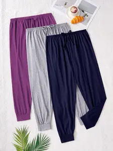 3 Piece Set Women's Solid Color Sleep Pants with Bow Tie Detail, Plus Size Comfortable Lounge Wear, Minimalist Home Clothing, Loungewear