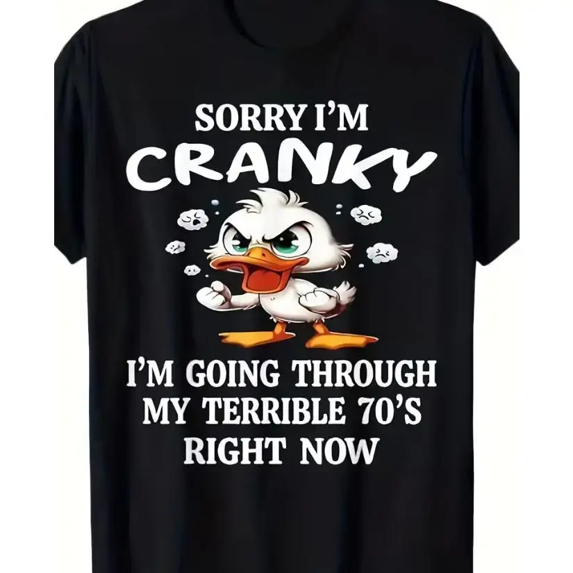 Casual Graphic T-Shirt with a Funny Retro 70s Duck Print, Unisex 100% Cotton Short Sleeve Round Neck Menswear Top, Streetwear, Sleeves, Humorous Duck Graphic Men's Short-Sleeve T-Shirts