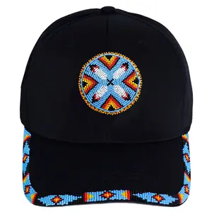 Cotton Unisex Baseball Cap With Beaded Patch Brim Native American Style