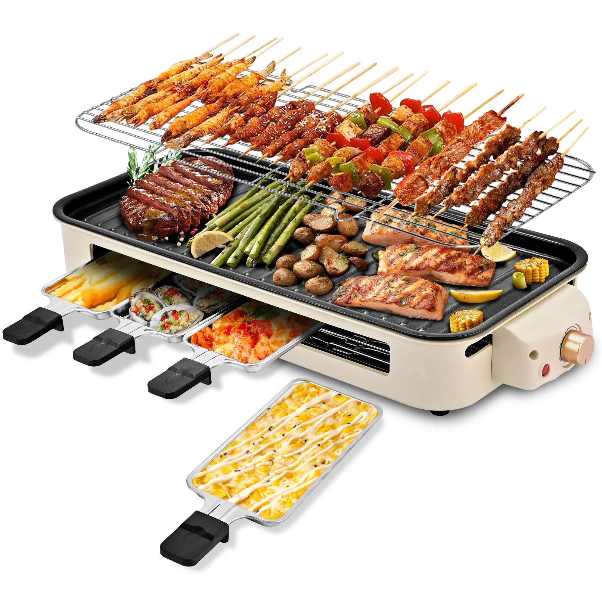 1800W Smokeless Electric Indoor Grill - 2-in-1 Indoor BBQ with Removable Grill Net Plate & Cooking Plate, Temperature Control, Dishwasher-Safe Universal Griddle (1800w Power Included)