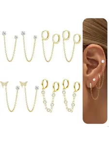 4 Pairs Chain Earrings for Women, Silver Color & Hoops, Double Piercing Stud Hoop Set, Sparkled Cz Drop, Casual Style, Stud Earring Jewelry, Dangle Earrings Set, Earring Stacking Set