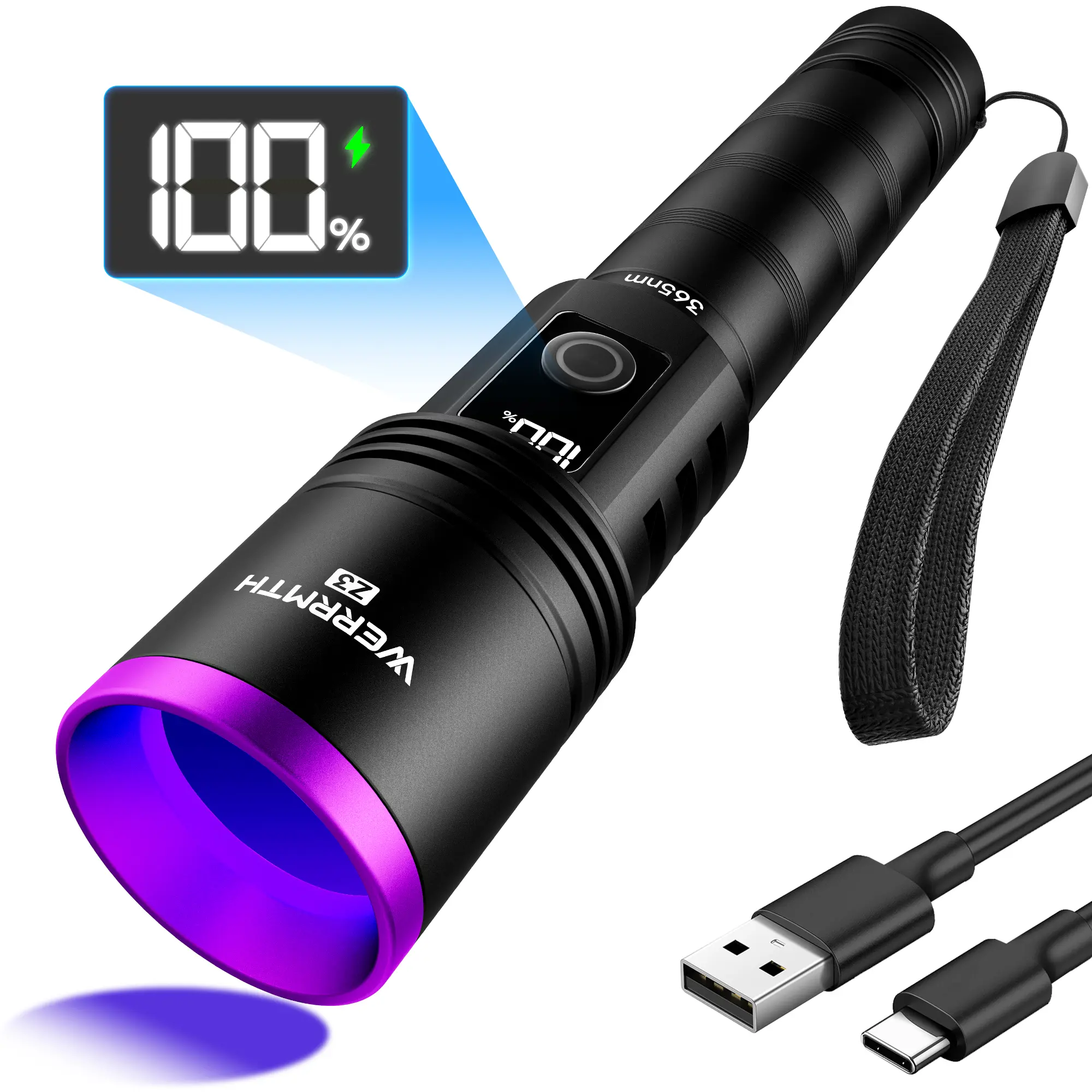 WERRMTH Z3 365nm UV Black Light Flashlight Utility Torch - Rechargeable Ultraviolet Urine Detector with UV Filter Lens, LCD Display for Hidden Trace Finding, Rockhounding