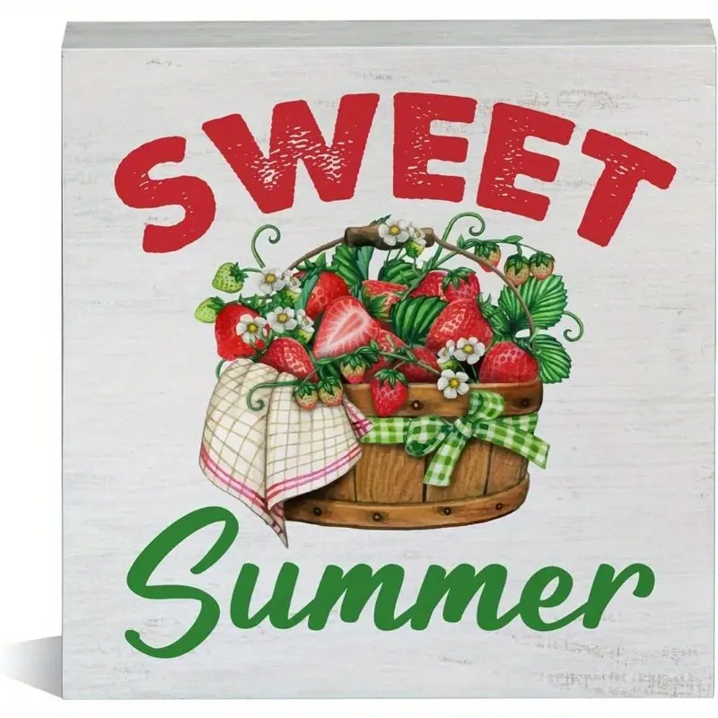Sweet Summer Strawberry Wood Block Sign Farmhouse Strawberry Decorative Desk Sign Home Kitchen Shelf Tabletop Decor 5 X 5 Inches