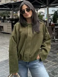 Suede Cropped Jacket Women's Bomber jacket autumn elegant oversized batwing sleeves outerwears ladies fashion lapel loose Jacket caual Streetwear coats