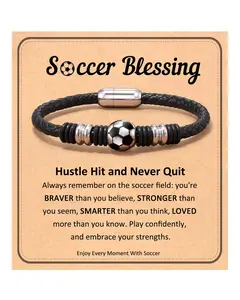 Baseball Soccer Bracelet, Black Leather Stainless Steel Charm Baseball Soccer Gifts for 8-16 Year Old Teens, Teams, Son, Grandson Brother Ideas
