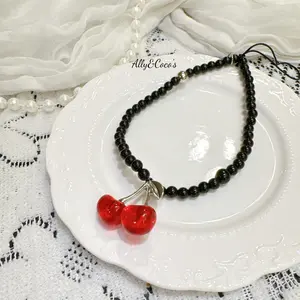 Cherry Phone Charms Strap Cute Butterfly Cell Phone Lanyard Straps Beaded Wrist Strap for Bag Camera Keychain Wallet Pendant Decor Resin Smartphone Accessory