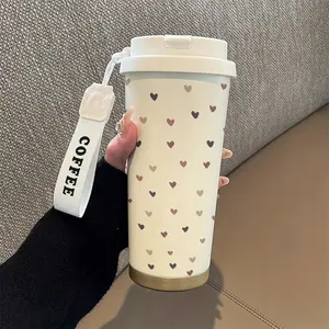 Multi-Color Heart Coffee Cup, 530ML Insulated Travel Mug with Straw and Lid, Valentine's Day Gift, Leakproof Handle, Suitable for Hot/cold Drinks, Insulated Cups