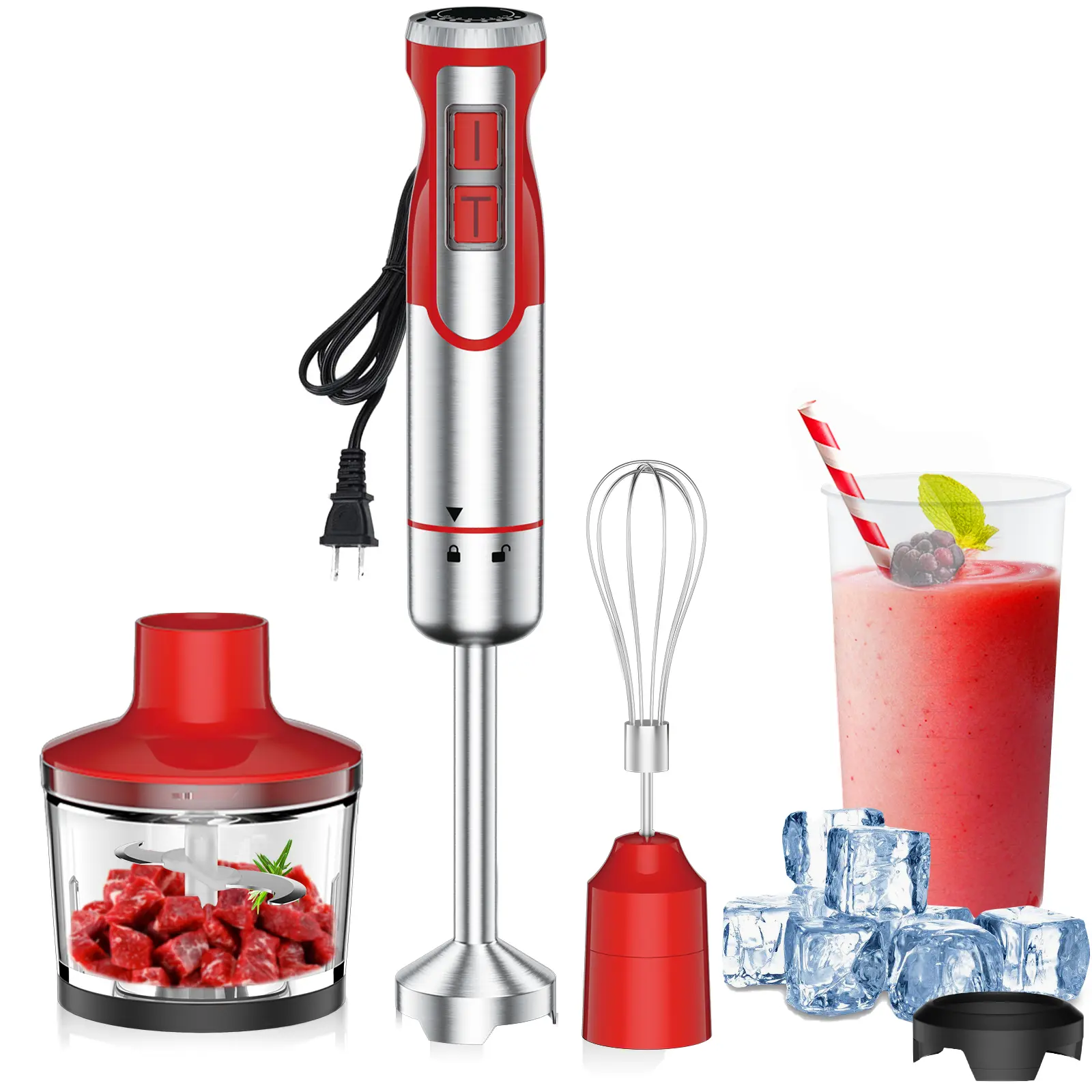 ODIFORGO Red 4-in-1 Immersion Hand Blender, 8-Speed Stick Blender with Whisk, Chopper, Beaker, Stainless Steel Blade for Smoothies, Soup, Everyday Mixing, Immersion Blender