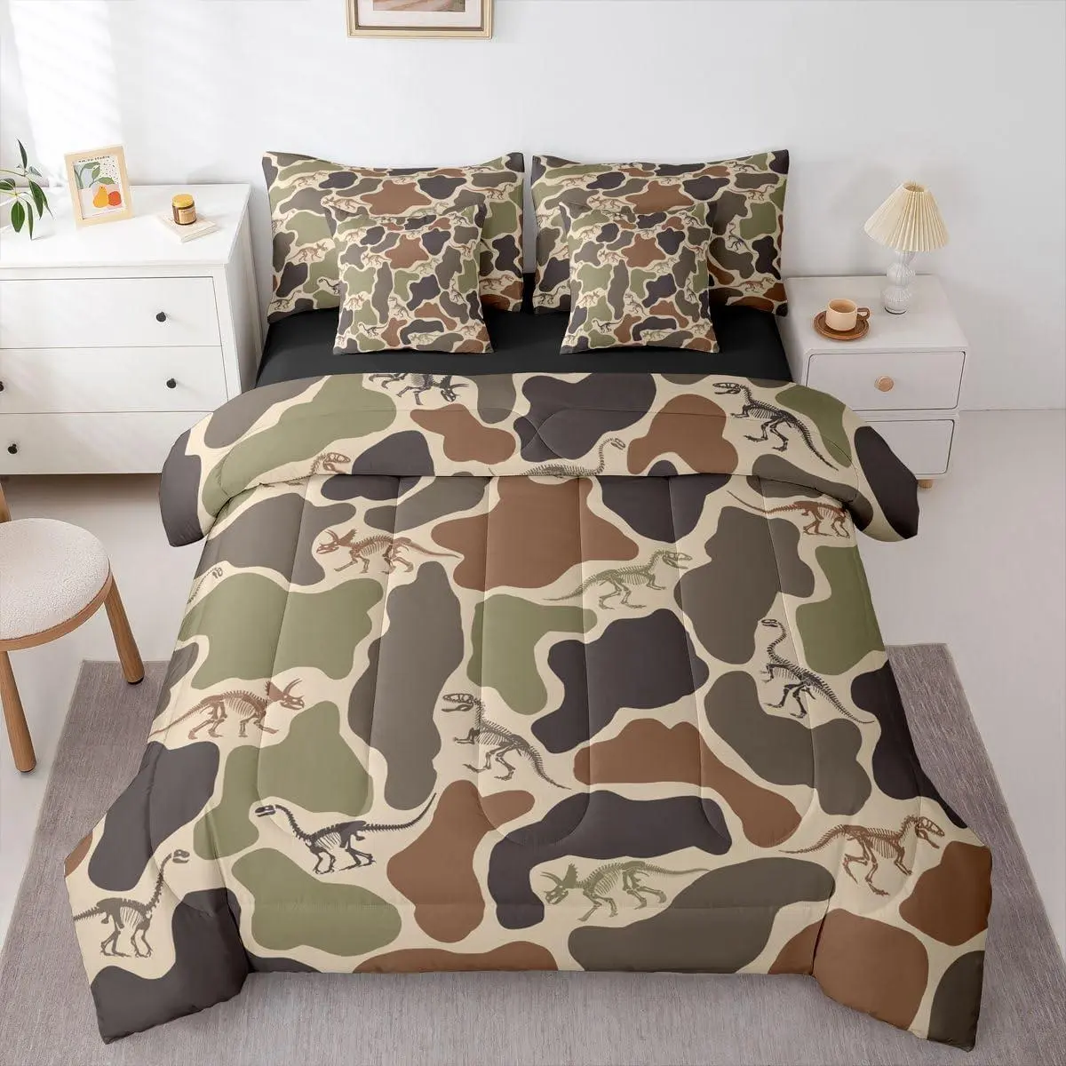 Camo Dino 7 Piece Bedding Set,Army Camouflage Comforter Set with Sheets Dinosaur Skeleton Farmhouse Green Bed in a Bag Boys Vintage Hunting Theme Bed Set,Comforter