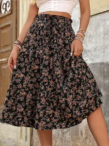 Women's Skirt with Floral Pattern Midi Skirt A Line Pleated Skirt, Boho Floral Skirts Bohemian Loose Woven Casual Summer Wear Skirt Bottom