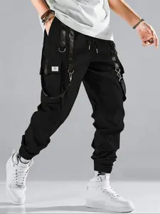 Men's Solid Patched Drawstring Waist Cargo Pants, Regular Fit Casual Tape Buckle Pocket Trousers for Daily Wear, Fashion Men's Bottoms for All Seasons