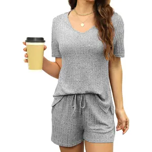 Womens Pajama Sets V Neck Ribbed Knit Lounge Sets Sleepwear Short Sleeve Matching Pjs Two Piece Sets for Summer