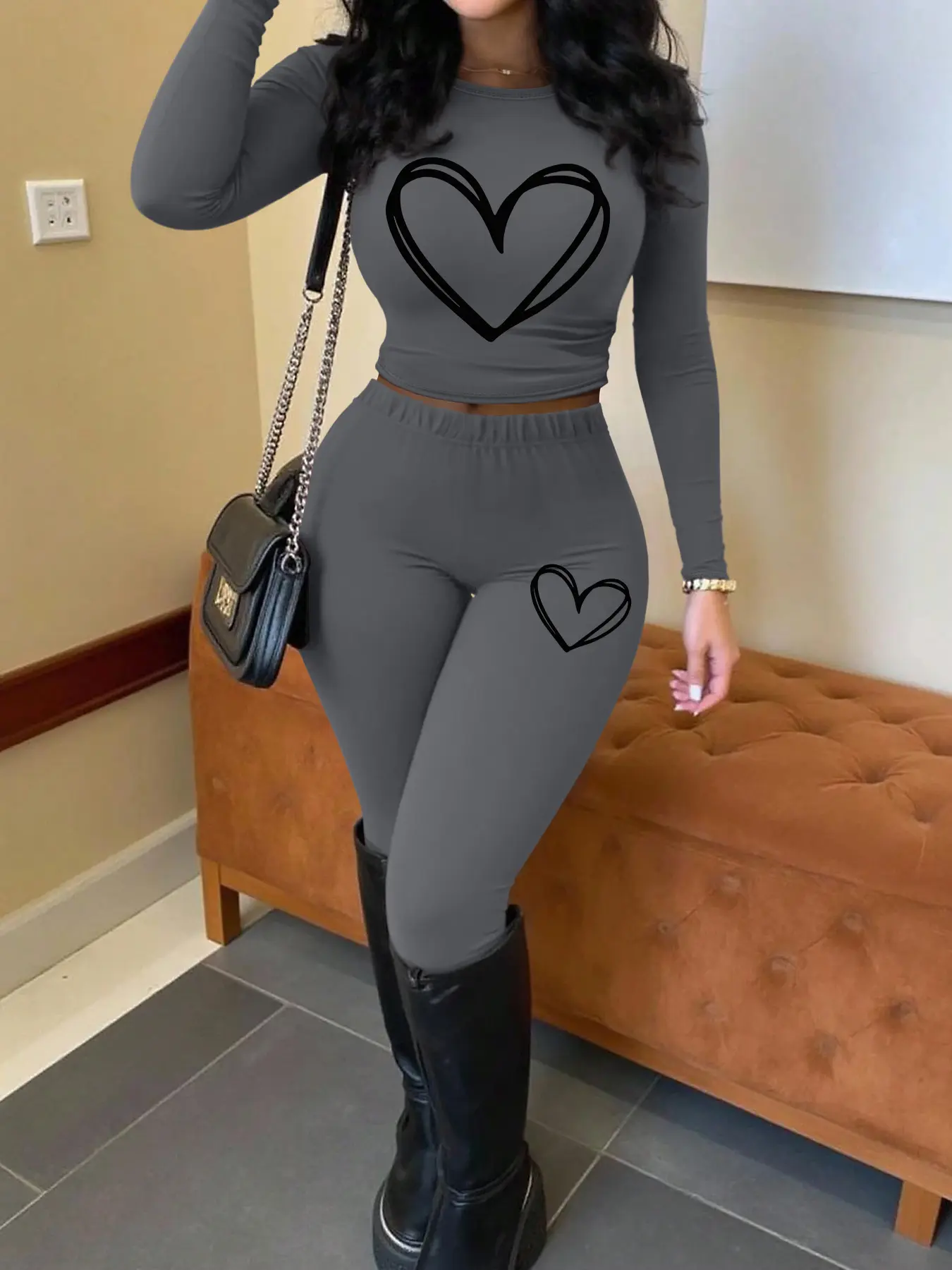 Valentine's Day Spring Fall Casual Set, Fashion Heart Print Long Sleeve Crop Top + Pants Two-Piece, 10 Colors Available