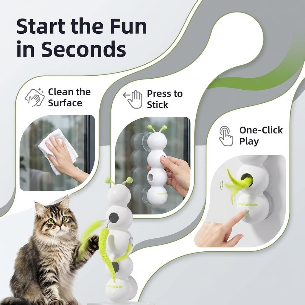 Cat Goes Crazy for This!  Auto-Moving Feather Toy with Suction Cup. USB Rechargeable & Motion Sensor Activated!