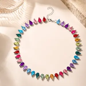 Rainbow Teardrop CZ Tennis Choker Necklace Silver Tone Colorful Statement Jewelry for Party Holiday Gift Accessories for Women Valentines&birthday Boujee Gifts for gf Mother's Day gift