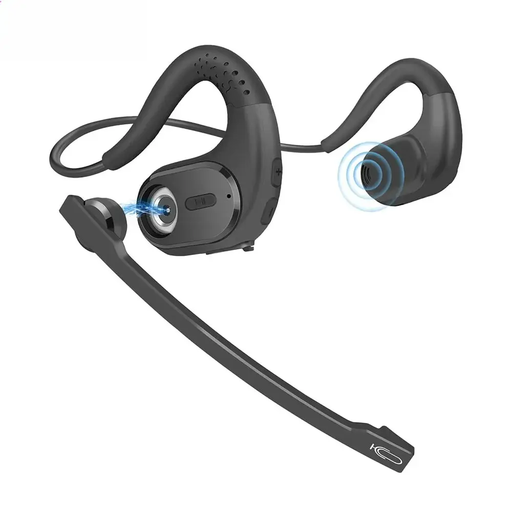 Open Ear Trucker Wireless Bluetooth Headphones with Removable Boom Microphone, Mute Button, Noise Cancelling, Waterproof Design for Sports, Compatible with PC & Laptop