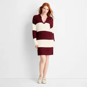 Women's Long Sleeve Rugby Mini Sweater Dress - Future Collective Burgundy Striped XS