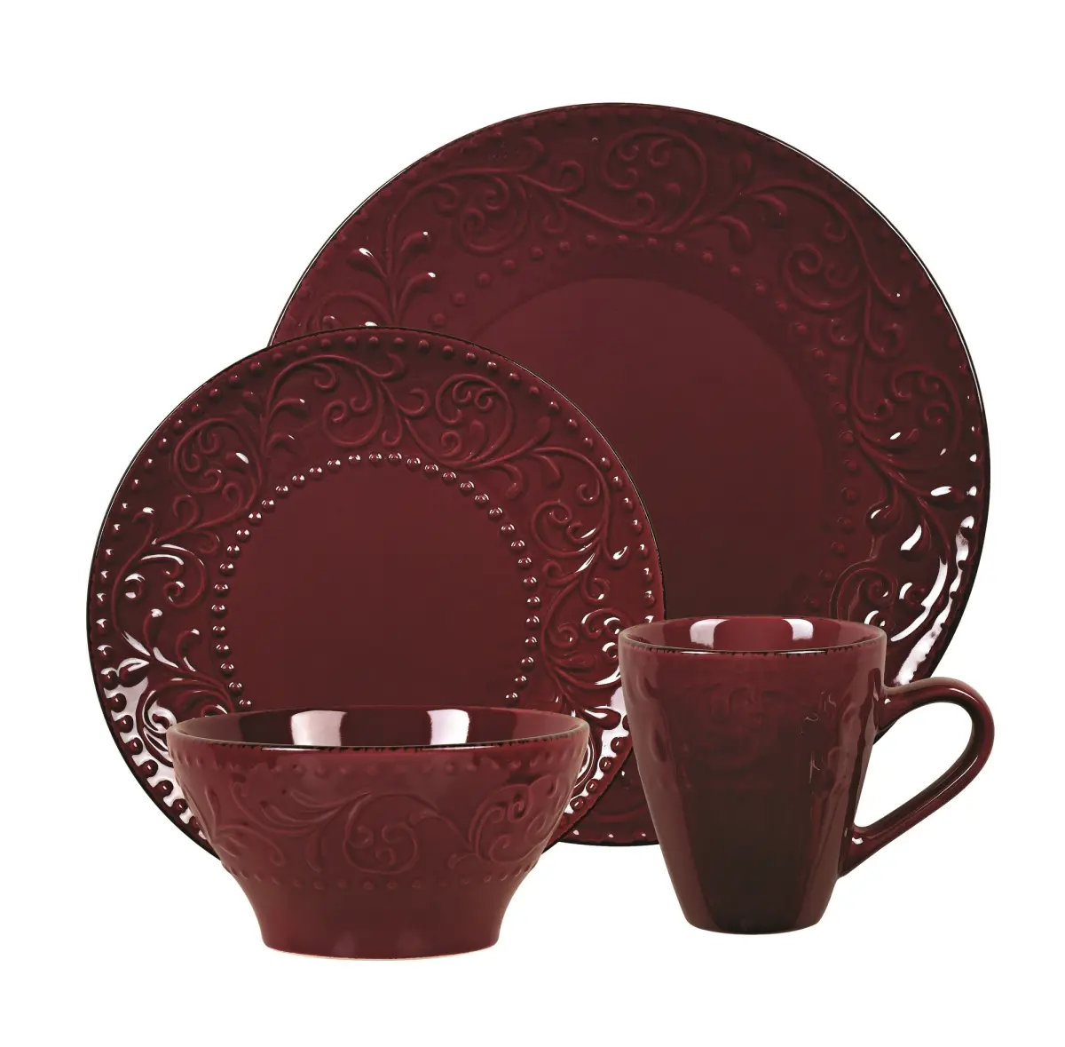 Lorren Home Trends LH525 16 Piece Stoneware Scroll Dinnerware Set, Merlot
