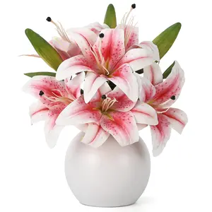 Artificial Lily Flowers with Ceramic Vase, Pink Silk Lily Flower Arrangement, Fake Flowers in Vase Centerpiece, Faux Floral Arrangement for Table Decor, Shelf, Bathroom, Wedding, Home Decoration