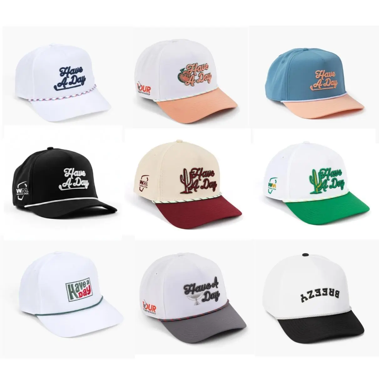 Full Collection Breezy Golf "Have A Day" Premium Summer Rope Hat - Adjustable Snapback Cap - Lightweight Cotton Blend Golf Hat - Multiple Color & Design Options