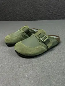 Men's Retro Mesh Patchwork Suede Slippers, Adjustable Buckle Clogs, Slip On Mules, Adjustable Metal Buckle Soft Wood Sole, Breathable Anti-Slip Arch Support, All-Season Casual Outdoor Shoes