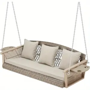 3-Person Wicker Porch Swing with 1.5" Upgraded Cup Holder, 55in Patio Hanging Swing Bench Chair with Cushions 900lbs Capacity Chains for Deck Garden Backyard
