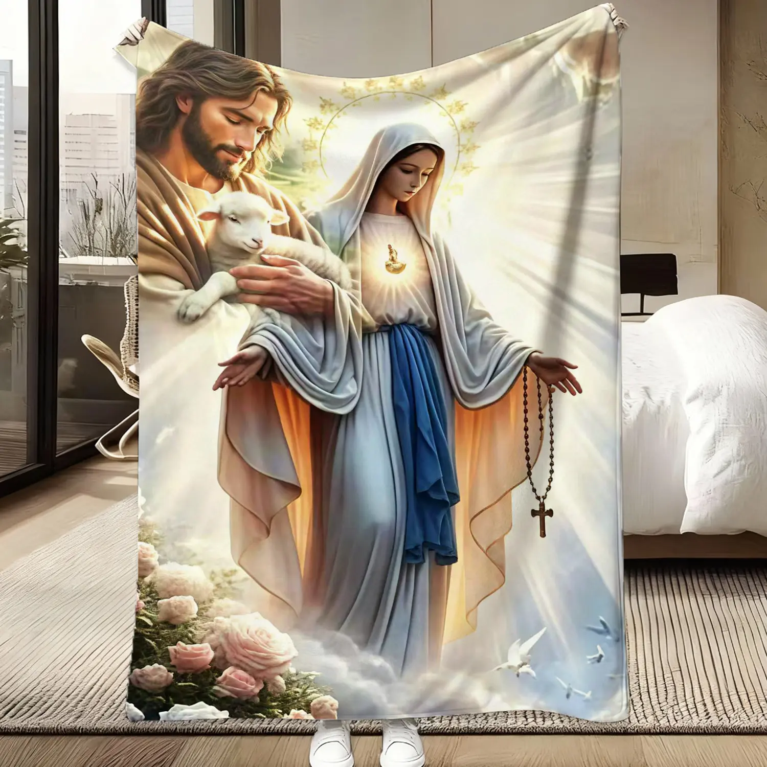 Catholic Flannel Throw Blanket - Jesus Holding Lamb, Virgin Mary, Sacred Heart, Golden Sun Halo, White Dove, Pink Rose, Heavenly Cloud Design, Soft Fleece, Ideal for Baptism, First Communion, Prayer Room Decor & Christian Faith Gift