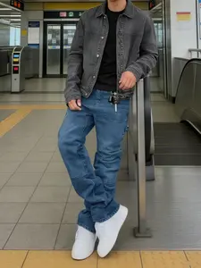 Men's Washed Solid Plain Stretch Tapered Slim Fit Denim Jeans, Casual Micro-Flare Style for All Seasons, Trendy Stylish Fashion Streetwear