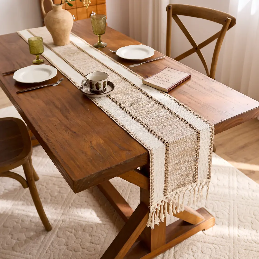 Boho Macrame Table Runner with Tassels, Rustic Farmhouse Cotton Linen Table Cover for Aesthetic Home & Kitchen Decor Ideas, Instant Dining Space Upgrade