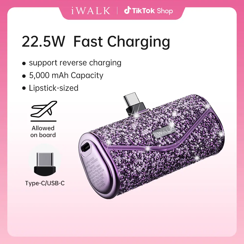 iWALK Sparkly Power Bank, 22.5W Max 5000mAh Compact USB-C Cordless Fast Charging Cable-Free Mobile Accessory, Chargeable for iPhone 17/16/15, Travel Outdoor Use Smartphone Charger summerwins,summerwins
