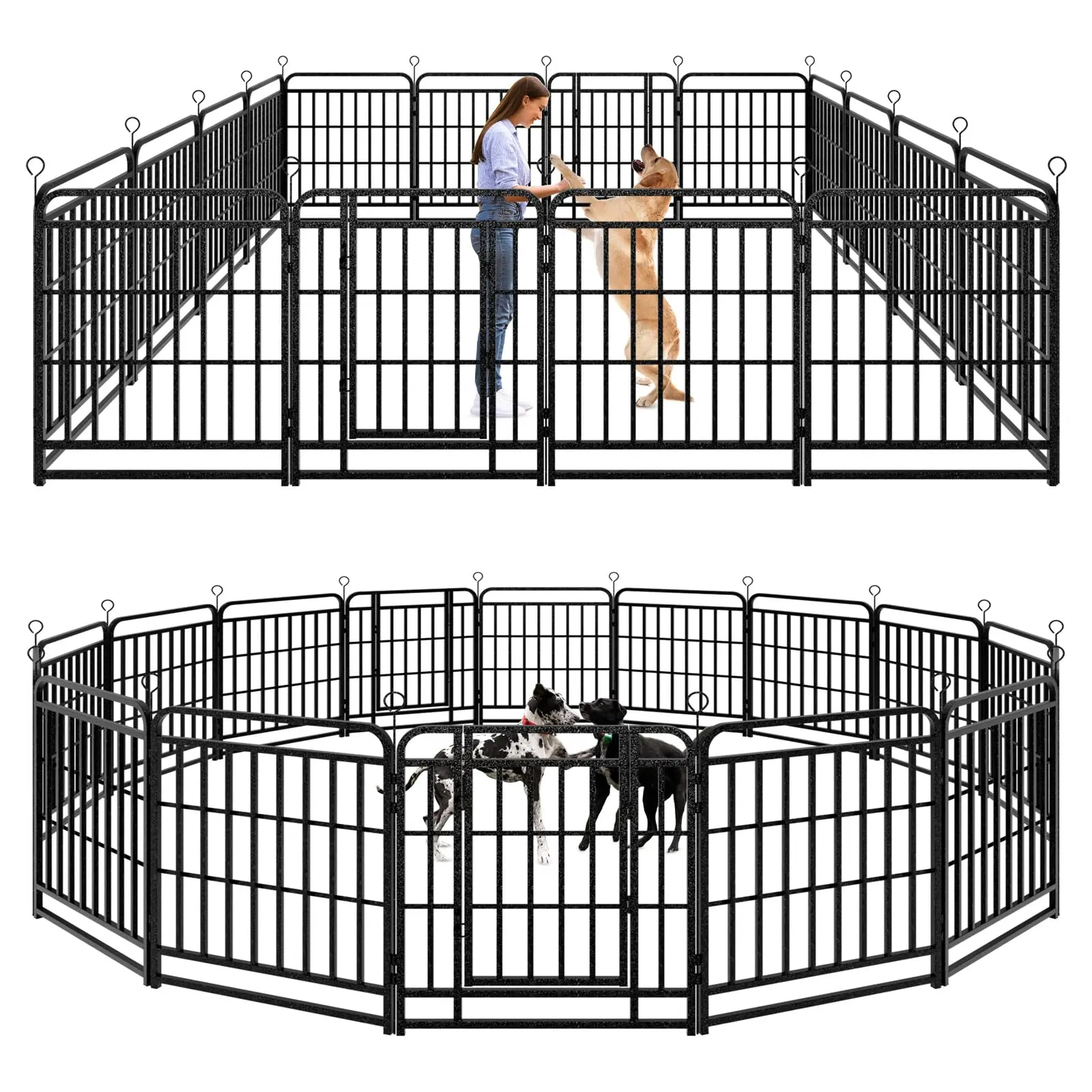 Heavy Duty Dog Playpen: 8/12/16 Steel Panels 32/40/47" Height, Square Steel Pipe with Reinforced Crossbars, 27FT 57 Sq.ft Portable Fence for Yard RV Camping, Summervibes, Snowy Black PDF8007