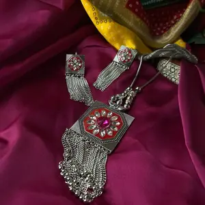 Afghan Kuchi Jewelry with Red Stone - Elegant Silver Chain Necklace & Earrings Set, Tribal Style, 15-inch Length, Perfect Gift