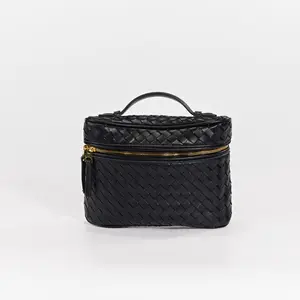 Estrella Coco Handwoven Mini Vanity Bag - Soft Leather Cosmetic Case Crossbody with Gold Chain & Top Handle