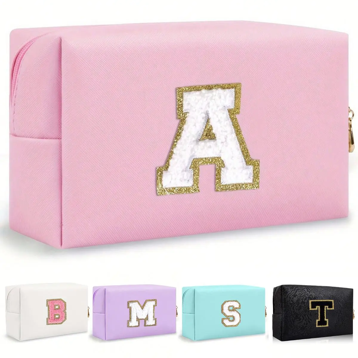 AZMT Women's Octagonal PU Leather Initial Letter Makeup Pouch - Portable Chenille Zipper Toiletry Bag, Monogram Vanity Purse, Travel Cosmetic Bags for Fall Home Use