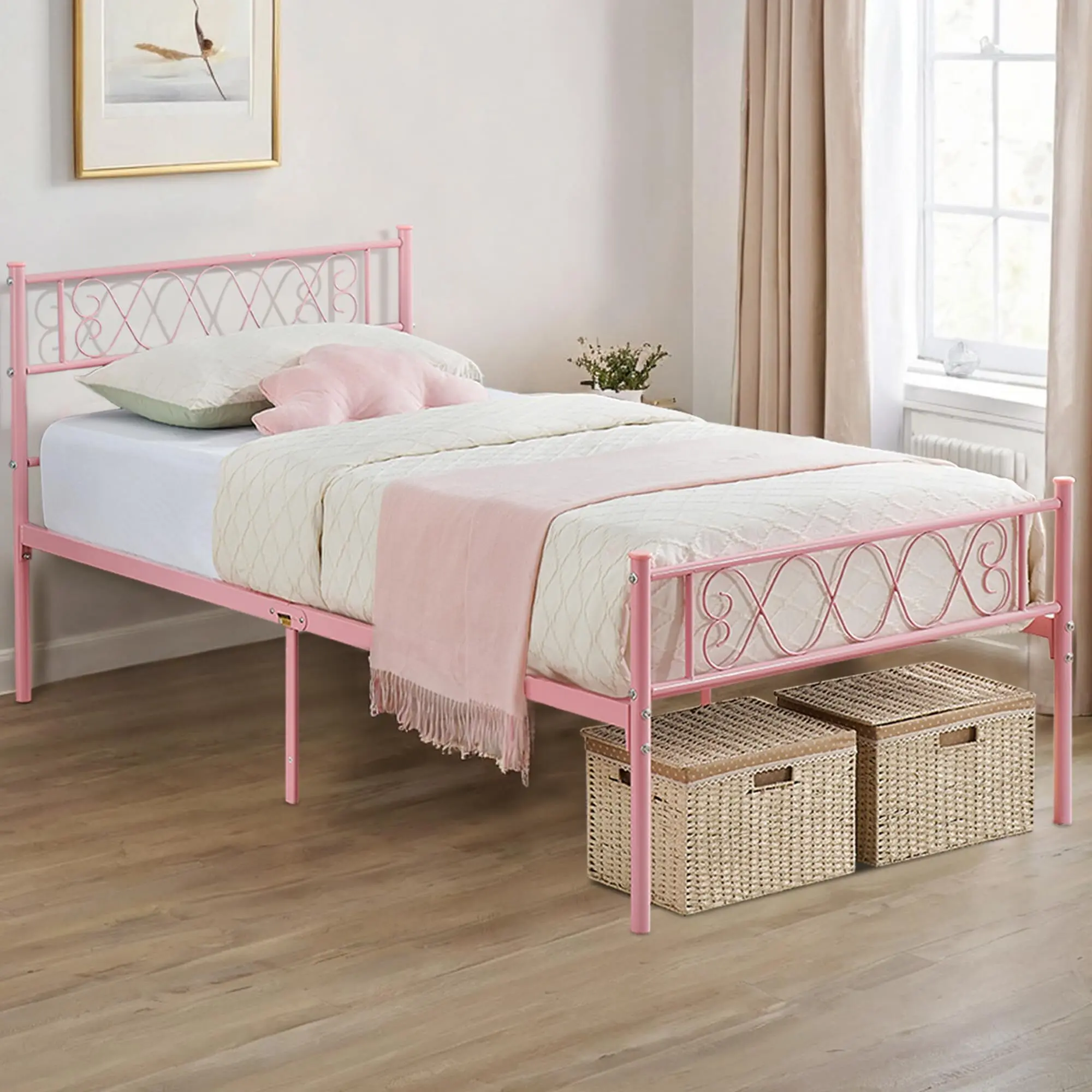 Gaomon Twin Sturdy Modern Bed Frame - Iron Metal with Heart Shape Headboard & Footboard, Soundproofed, No Box Spring Needed, High Load-Bearing, Easy Assembly, Storage Bed with Cross Rails, Kids Bedroom Indoor Furniture