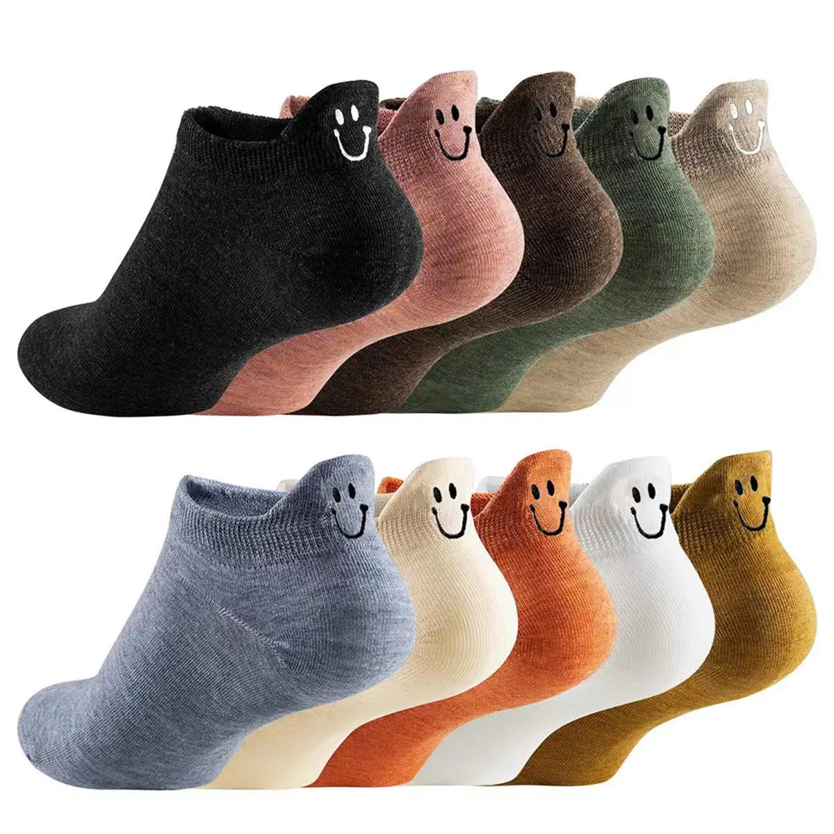 Women’s 10-Pair Smiley Face Low-Cut Socks Set, Soft Breathable Casual Ankle Socks, Cute Everyday Socks, Assorted Colors Womenswear