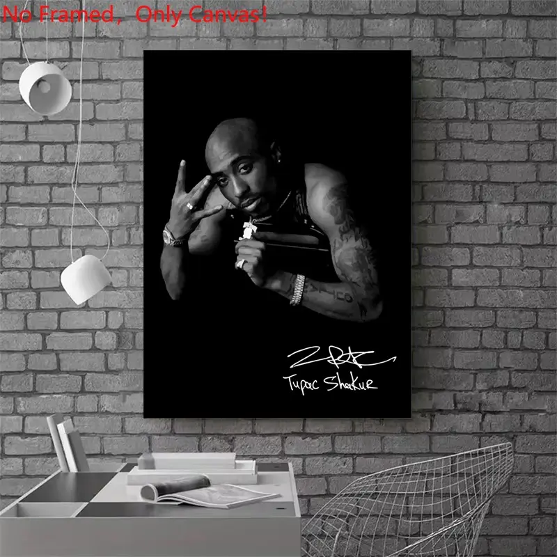 1 piece/set frameless canvas painting print poster, Artwork, Popular hip-hop culture Characters realism art, Tupac Shakur Portrait with Signature, a perfect gift for Rap Music lovers, ideal gift for home, Wall Art, wall decoration