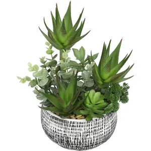11" Large Artificial Succulents Aloe and Eucalyptus Arrangement in Ceramic Black Bowl Pots for Indoor Home Bathroom Shelf Table Decor