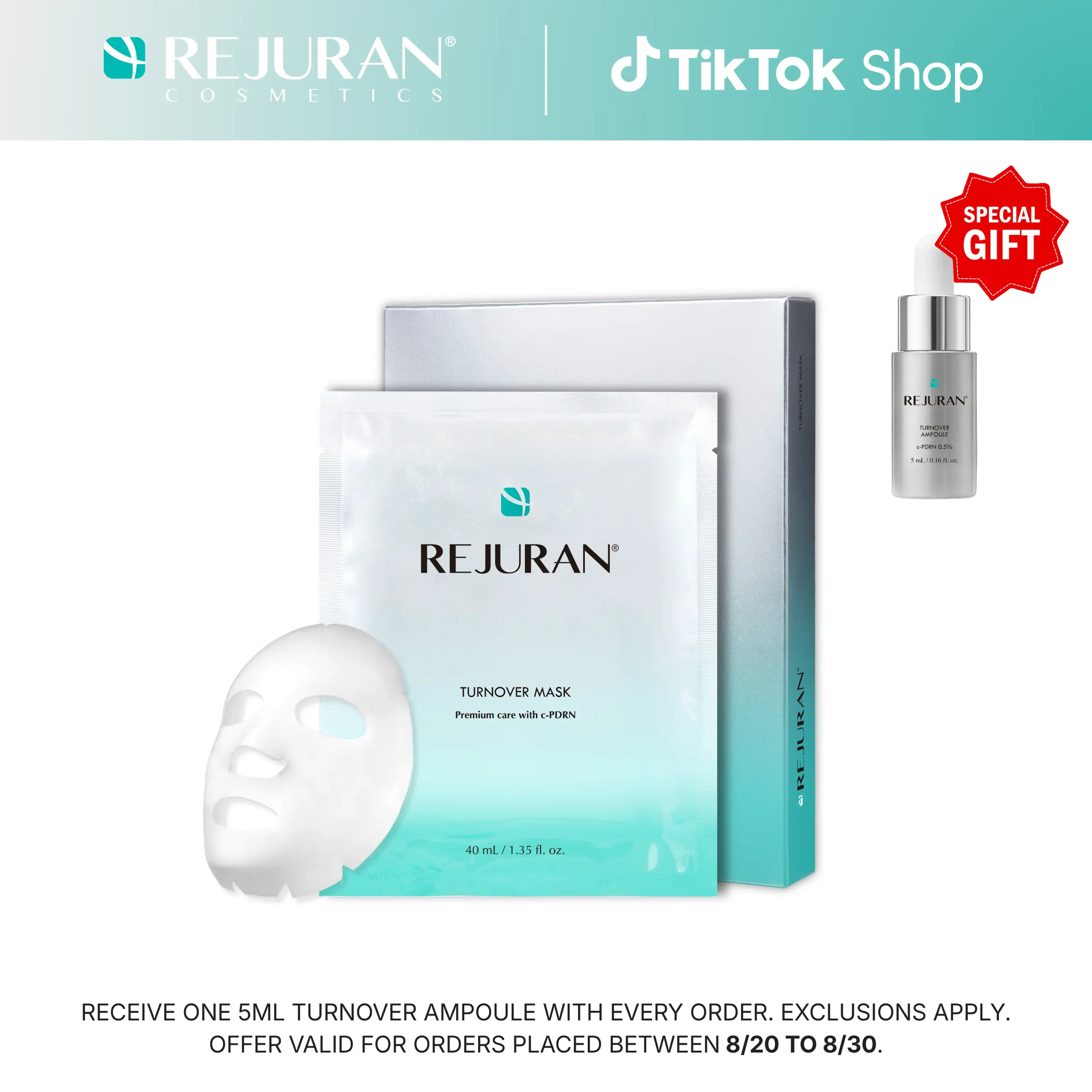 REJURAN Turnover Mask, c-PDRN - Skin Repair, Firming, and Deeply Nourishing Ultra Microfiber Sheet Mask, Clinically Developed Korean Skin Care 5-Pack Smoother Radiant