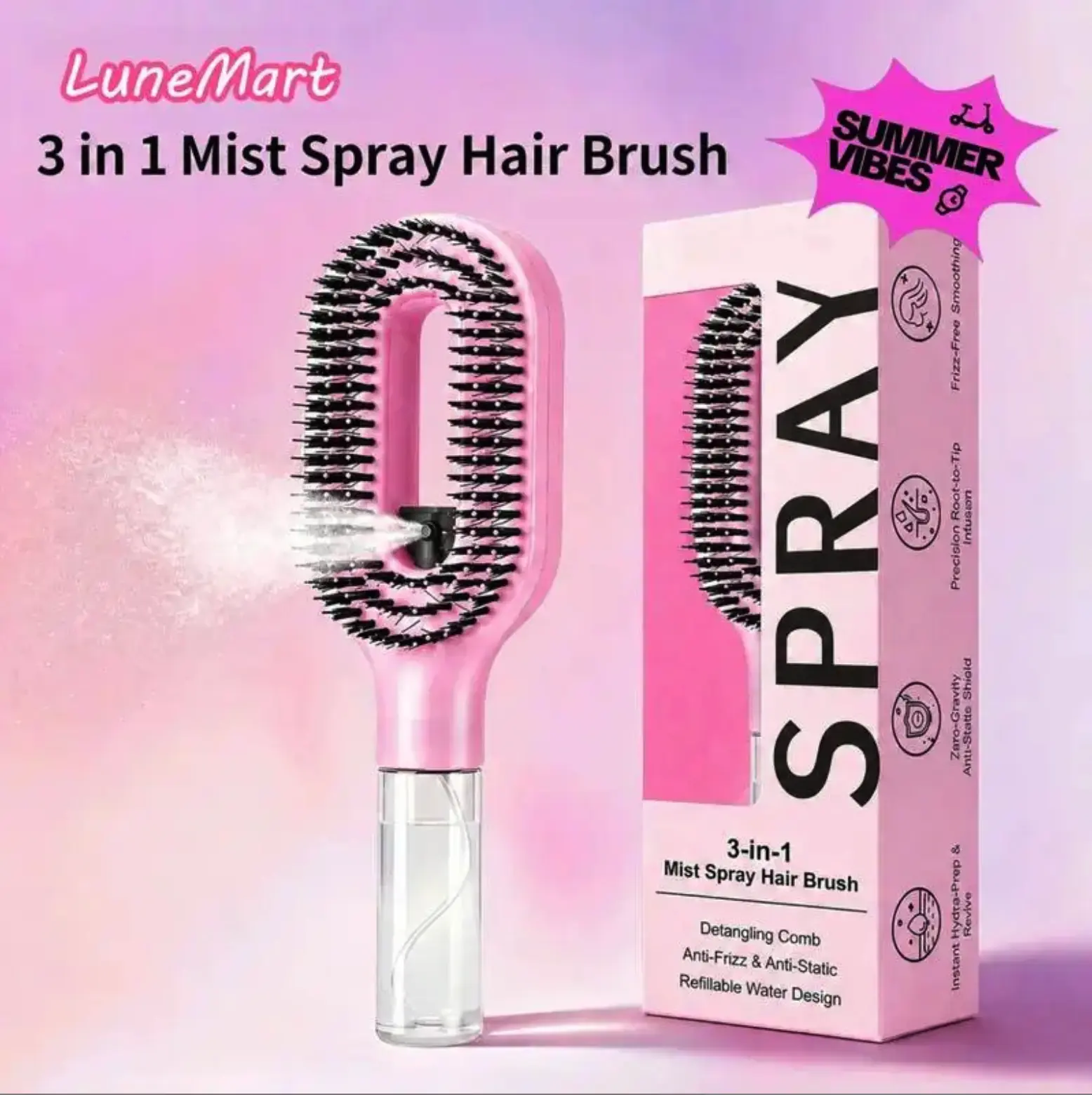 Women's 3-in-1 Ionic Mist Spray Hair Brush - Vented Detangling Brush for Curly Thick Hair, Anti-Frizz, 55ml Refillable Water Tank, Wet-Dry Paddle Comb for Travel & Salon Use