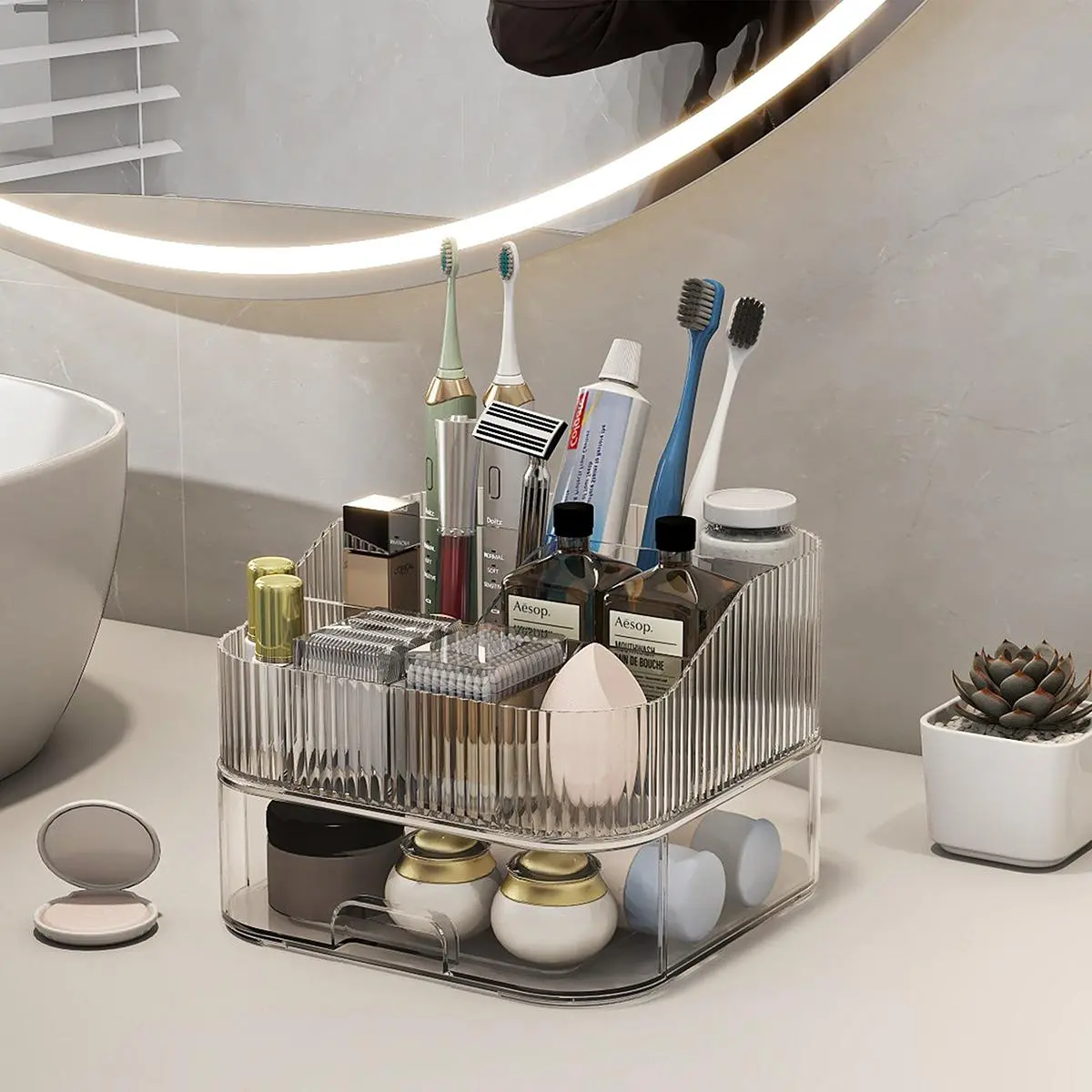 Plastic Bathroom Countertop Toothbrush Holder - Modern 7-Slot, 2-Layer Multi-Section Organizer with Drawer, Waterproof, Rustproof, Space-Saving, Large Storage