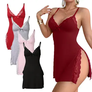 Lace Trim Sleep Dress, Chicme Lace Trim Slit Bowknot Decor Sleep Dress, Lady's sexy pajamas, Lady's nightgown style dress, Lace Trim Slit Bowknot Decor Sleep Dress, Womens Night Gowns black  silk  night  gown, snouuy