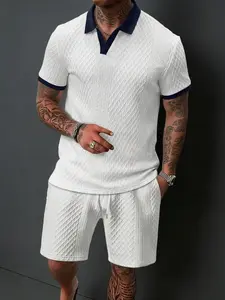 Men's Fashion Patchwork Collar Buttonless Short Sleeve Polo Shirt + Textured Drawstring Shorts, Breathable Fabric, Casual Business Wear