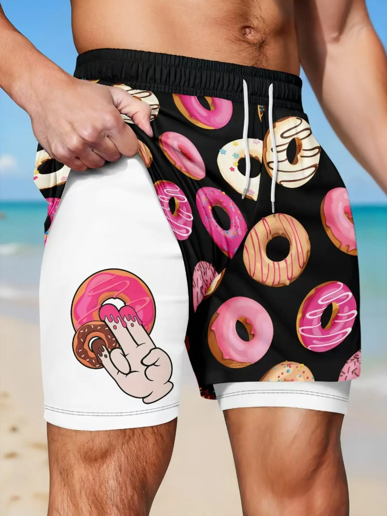 Funny Donut Print Beach Shorts, Drawstring Swim Shorts, Cartoon Design, Trendy Style, Drawstring Waist, Slim Fit, Full Print, Double-Layer Straight Leg Shorts, Summer Beach Trunks, Graphic Swim Trunks