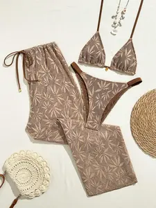 Women's Three-Piece Swimsuit Set, Spring Summer Beachwear, Sexy Backless Triangle Design, Perfect for Vacation & Holiday