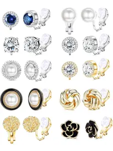 10 Pairs Clip Earrings for Women Clip on Earrings for Non Pierced CZ Flower Simulated Freshwater Pearl Twist Knot Clip Earrings Sets Gold Silver Tone Faux Pearl Jewelry Fashion Earring