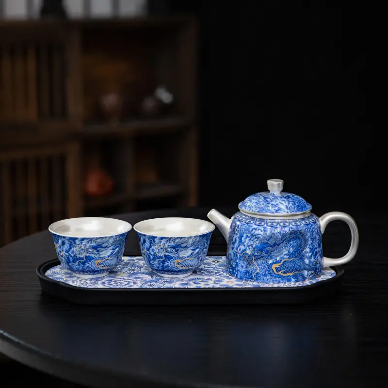 Silver Gilded Dragon Phoenix Wanhualong Teapot Set - 2 Cups, Tray, Kung Fu Tea Collection, Cultural Pottery Gift Box, Wanhualong Teapot with 2 Cups + Tray, Wanhualong Teapot With Two Cups + Tray
