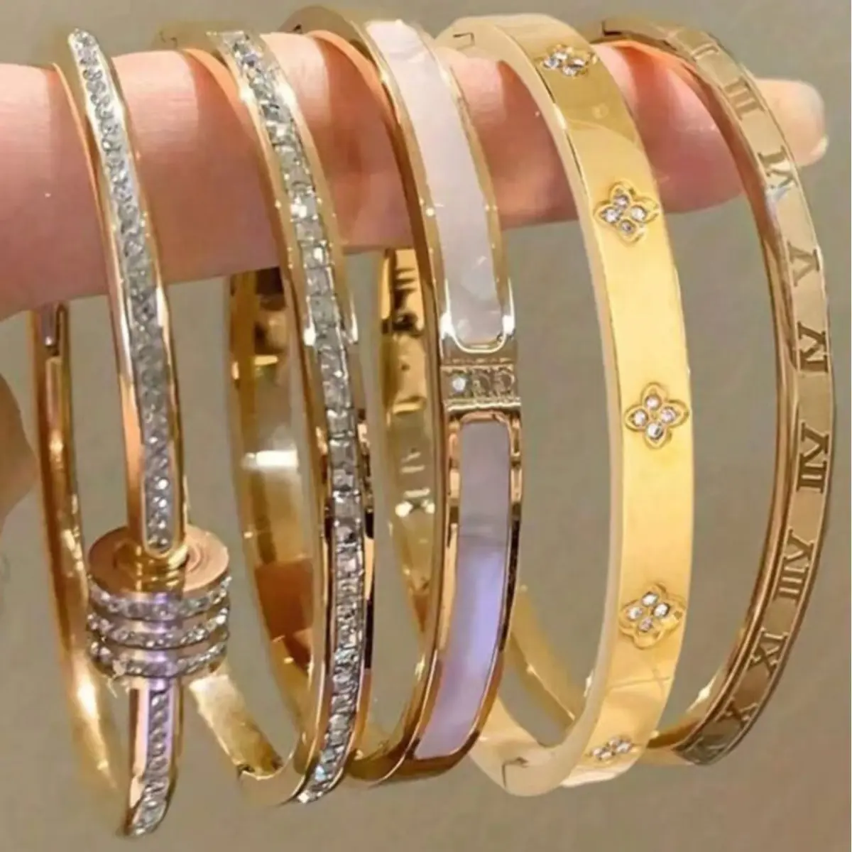5-Piece Waterproof Titanium Steel Bracelet Set, Electroplated, Rhinestone Star Design, Versatile Style, Unisex Jewelry