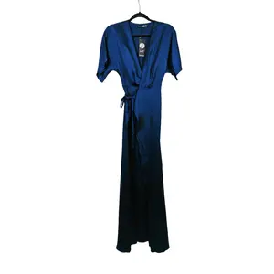 Boohoo Dark Blue Short Sleeve Satin Kimono Maxi Wrap Dress Size 6